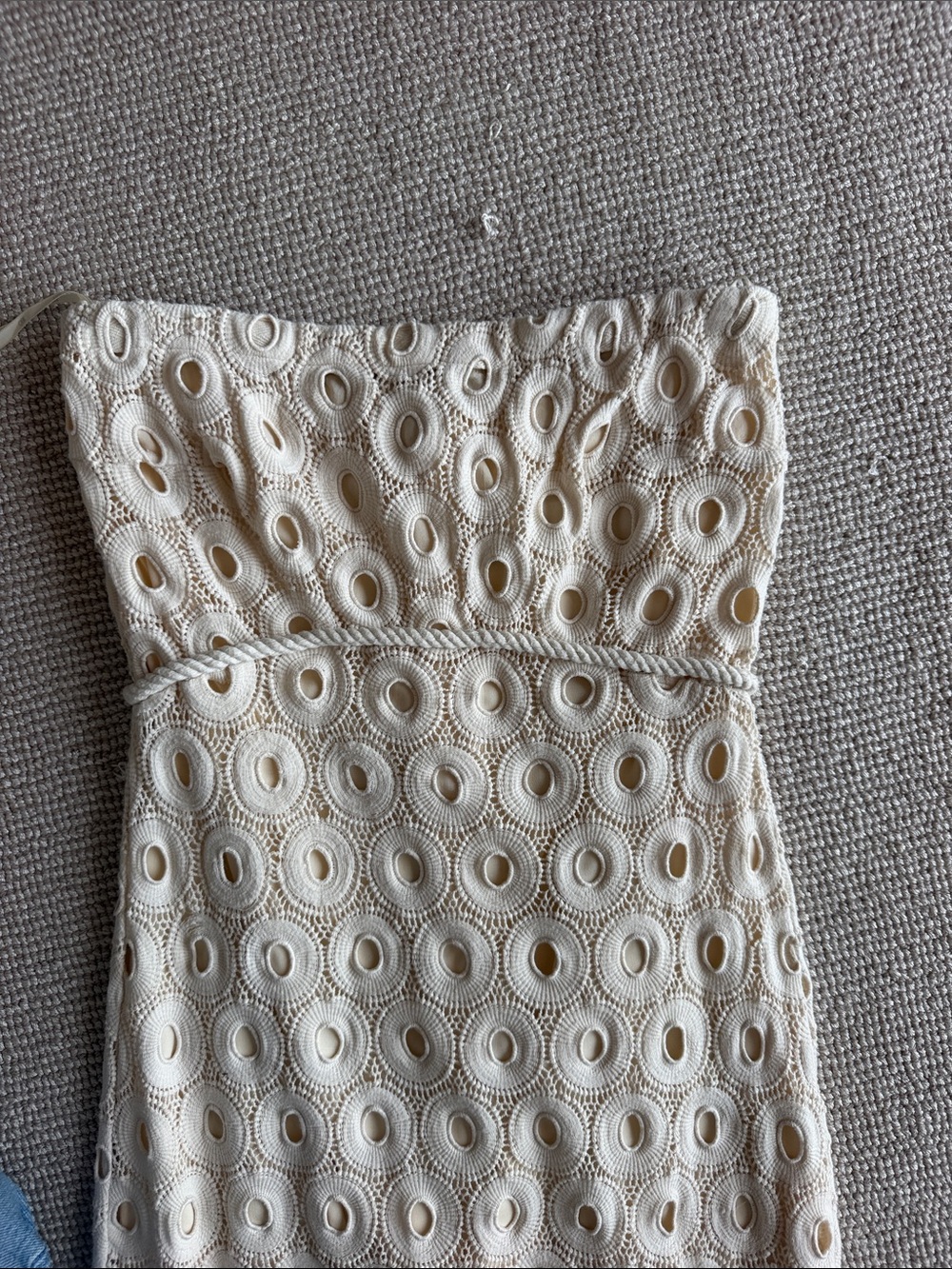 Strapless Cream Lace Midi Dress with Circular Eyelet Detail - Picture 4 of 5